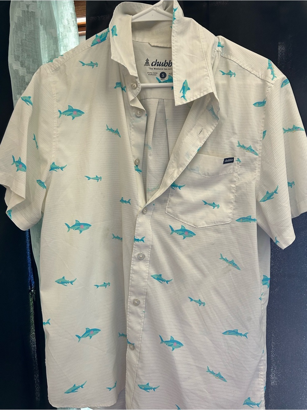 chubbies White Short-Sleeve Button-Up with Turquoise Shark Print - Picture 1 of 3